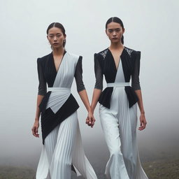 Models clad in architectural black-and-white ensembles that showcase sculptural pleats and exquisite silver-threaded embroidery, walking hand in hand through a misty environment