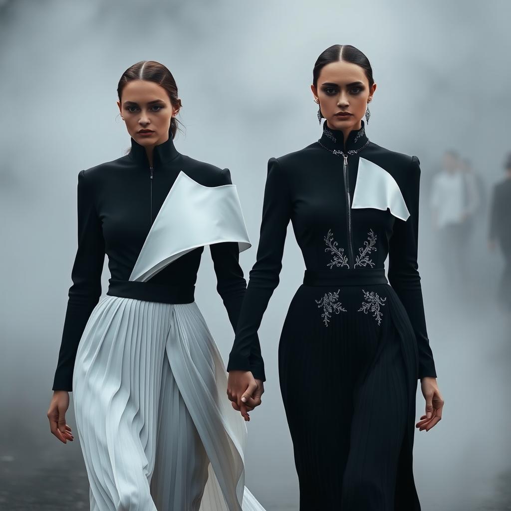 Models clad in architectural black-and-white ensembles that showcase sculptural pleats and exquisite silver-threaded embroidery, walking hand in hand through a misty environment