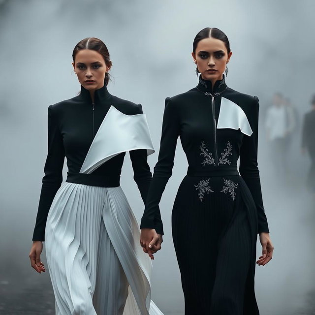 Models clad in architectural black-and-white ensembles that showcase sculptural pleats and exquisite silver-threaded embroidery, walking hand in hand through a misty environment