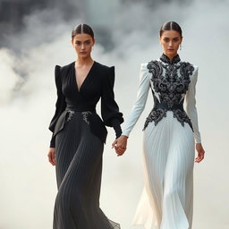 Models elegantly adorned in architectural black-and-white ensembles, characterized by sculptural pleats and intricate silver-threaded embroidery, walking hand in hand amidst a mystical atmosphere