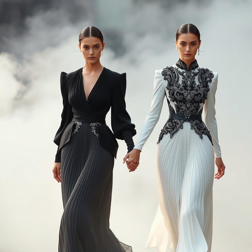 Models elegantly adorned in architectural black-and-white ensembles, characterized by sculptural pleats and intricate silver-threaded embroidery, walking hand in hand amidst a mystical atmosphere