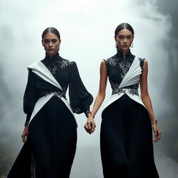 Models elegantly adorned in architectural black-and-white ensembles, characterized by sculptural pleats and intricate silver-threaded embroidery, walking hand in hand amidst a mystical atmosphere