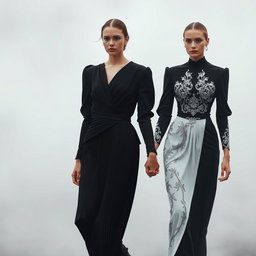 Models elegantly adorned in architectural black-and-white ensembles, characterized by sculptural pleats and intricate silver-threaded embroidery, walking hand in hand amidst a mystical atmosphere