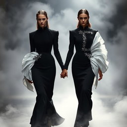 Models elegantly adorned in architectural black-and-white ensembles, characterized by sculptural pleats and intricate silver-threaded embroidery, walking hand in hand amidst a mystical atmosphere
