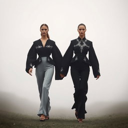 Models dressed in stunning architectural black-and-white ensembles featuring sculptural pleats and intricate silver-threaded embroidery, gracefully walking hand in hand in a serene, misty setting