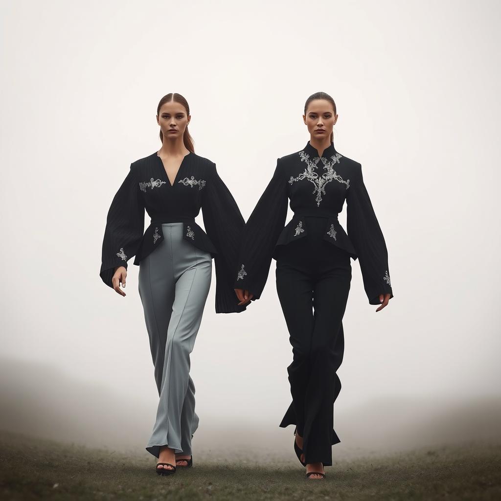 Models dressed in stunning architectural black-and-white ensembles featuring sculptural pleats and intricate silver-threaded embroidery, gracefully walking hand in hand in a serene, misty setting