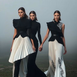 Models dressed in stunning architectural black-and-white ensembles featuring sculptural pleats and intricate silver-threaded embroidery, gracefully walking hand in hand in a serene, misty setting