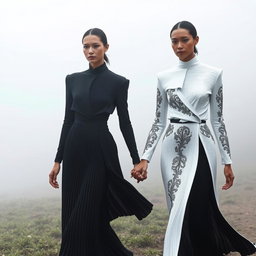 Models dressed in stunning architectural black-and-white ensembles featuring sculptural pleats and intricate silver-threaded embroidery, gracefully walking hand in hand in a serene, misty setting