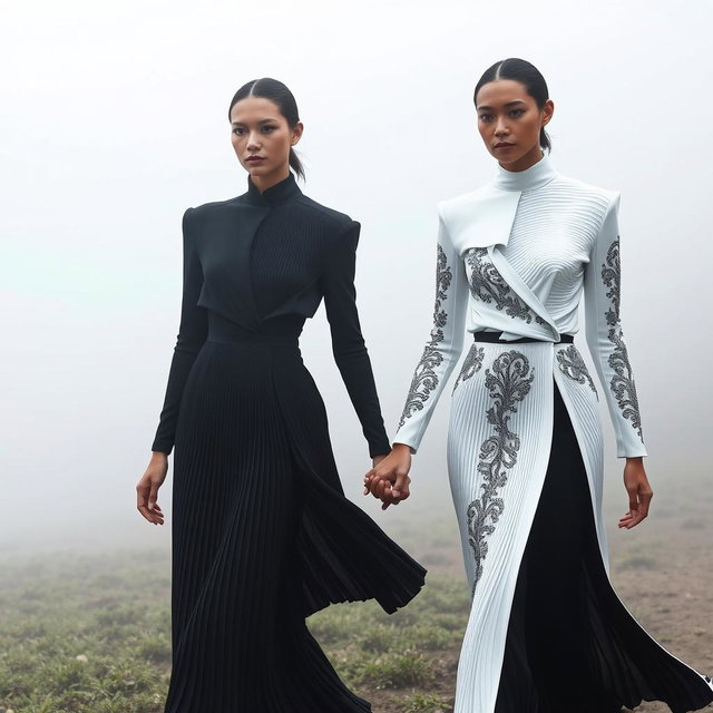 Models dressed in stunning architectural black-and-white ensembles featuring sculptural pleats and intricate silver-threaded embroidery, gracefully walking hand in hand in a serene, misty setting
