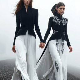 Models dressed in stunning architectural black-and-white ensembles featuring sculptural pleats and intricate silver-threaded embroidery, gracefully walking hand in hand in a serene, misty setting