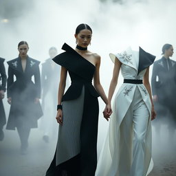A stunning scene titled 'The Ethereal Covenant' featuring models dressed in striking black-and-white ensembles with architectural designs, showcasing sculptural pleats and beautiful silver-threaded embroidery