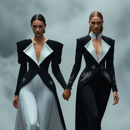 A stunning scene titled 'The Ethereal Covenant' featuring models dressed in striking black-and-white ensembles with architectural designs, showcasing sculptural pleats and beautiful silver-threaded embroidery