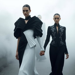 A stunning scene titled 'The Ethereal Covenant' featuring models dressed in striking black-and-white ensembles with architectural designs, showcasing sculptural pleats and beautiful silver-threaded embroidery