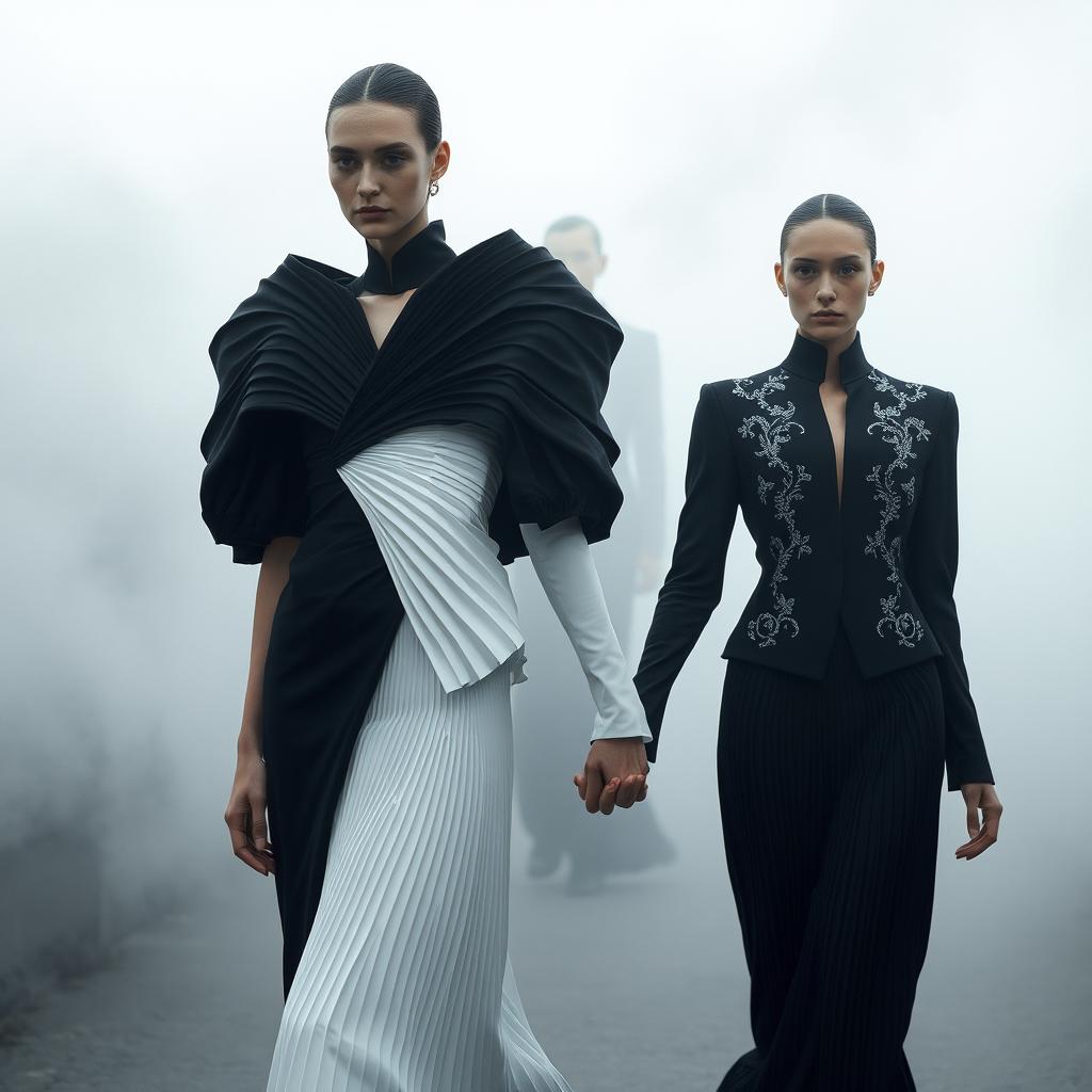 A stunning scene titled 'The Ethereal Covenant' featuring models dressed in striking black-and-white ensembles with architectural designs, showcasing sculptural pleats and beautiful silver-threaded embroidery
