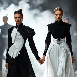 A stunning scene titled 'The Ethereal Covenant' featuring models dressed in striking black-and-white ensembles with architectural designs, showcasing sculptural pleats and beautiful silver-threaded embroidery