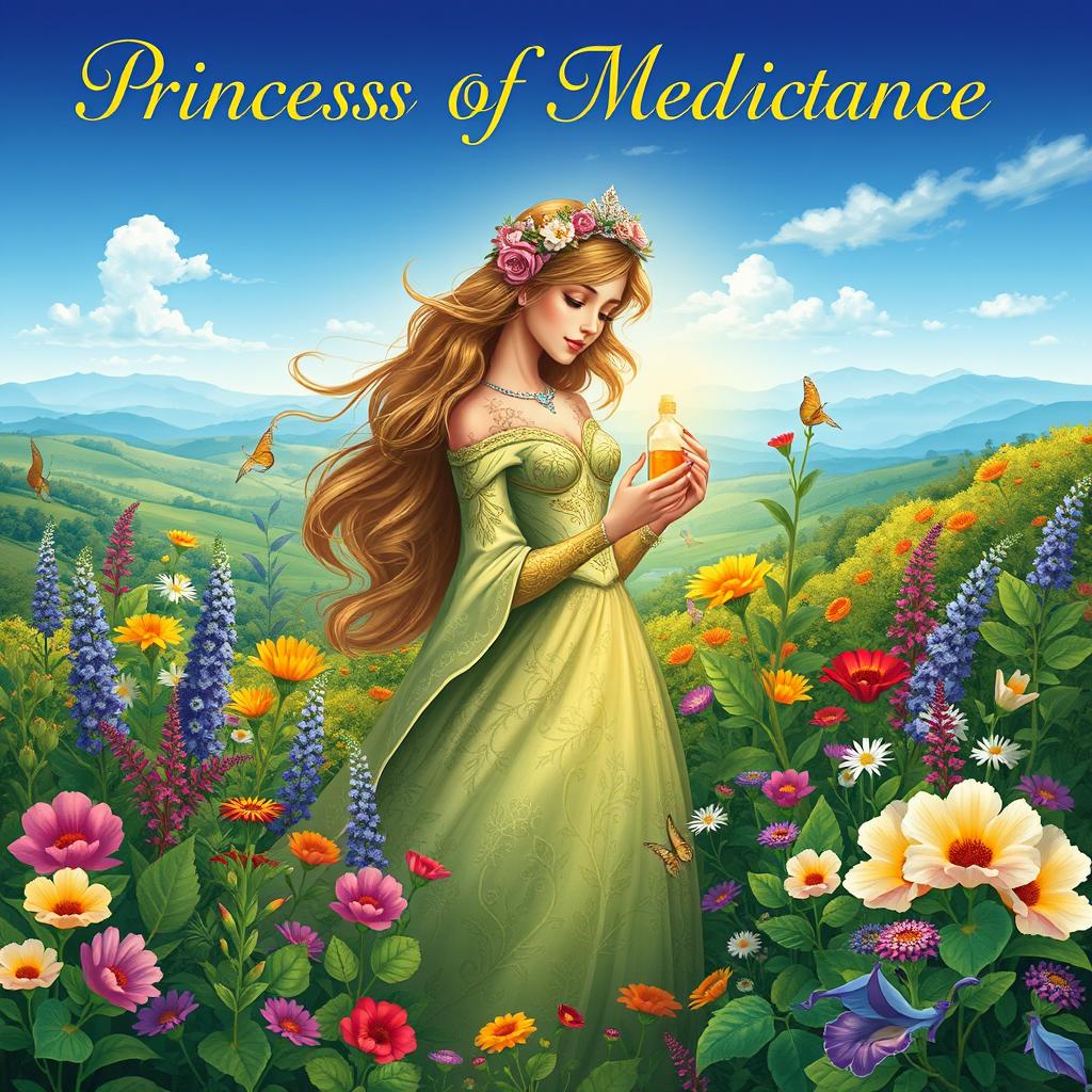 An enchanting book cover for 'Princess Of Medicinal Fragrance', featuring a graceful princess surrounded by a lush garden filled with vibrant, aromatic herbs and flowers
