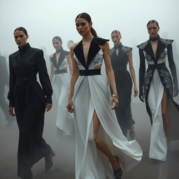 In a dreamlike scene titled 'The Ethereal Covenant', models wearing striking architectural black-and-white ensembles featuring sculptural pleats and elegant silver-threaded embroidery walk hand in hand