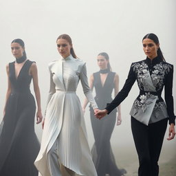 In a dreamlike scene titled 'The Ethereal Covenant', models wearing striking architectural black-and-white ensembles featuring sculptural pleats and elegant silver-threaded embroidery walk hand in hand