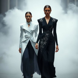 In a dreamlike scene titled 'The Ethereal Covenant', models wearing striking architectural black-and-white ensembles featuring sculptural pleats and elegant silver-threaded embroidery walk hand in hand