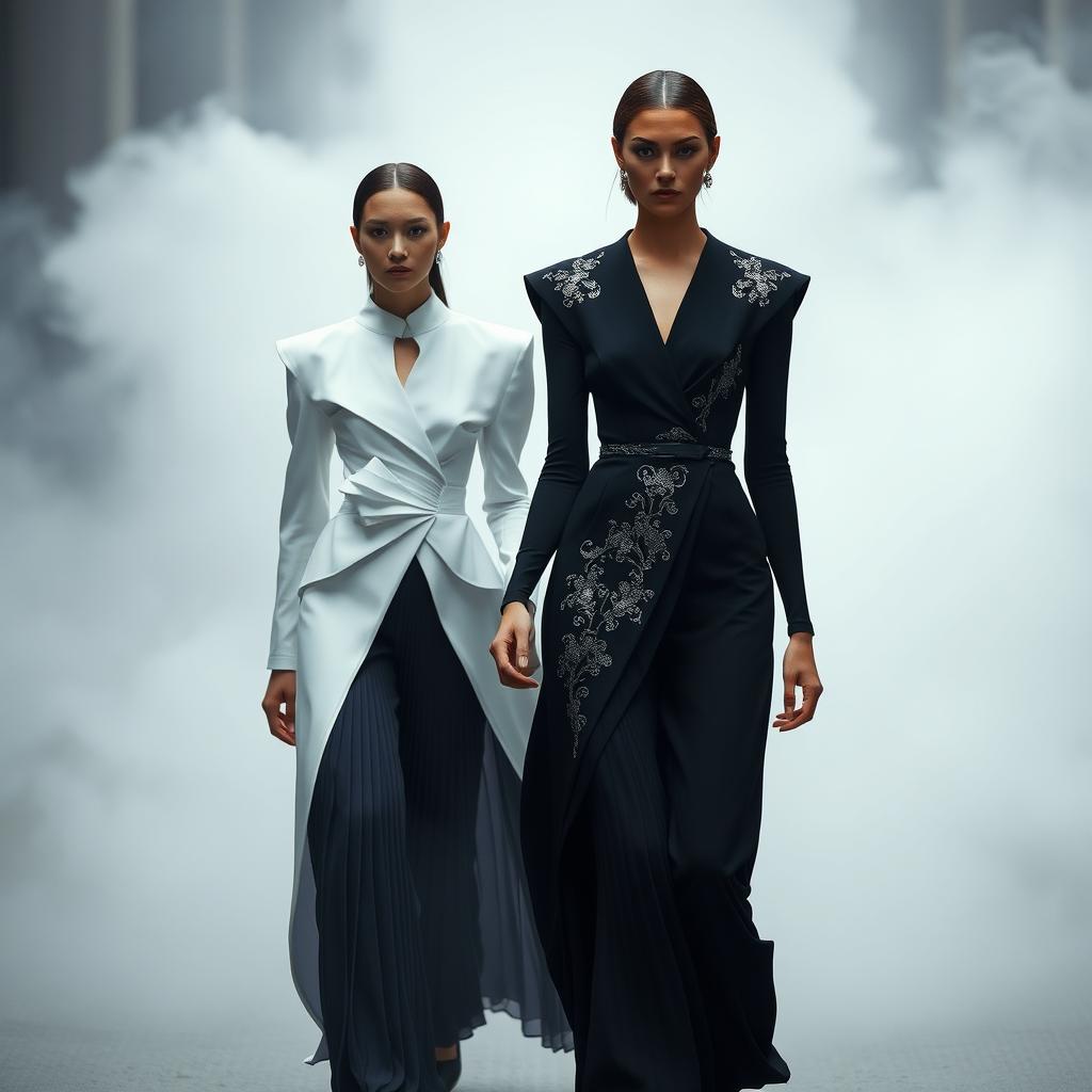 In a dreamlike scene titled 'The Ethereal Covenant', models wearing striking architectural black-and-white ensembles featuring sculptural pleats and elegant silver-threaded embroidery walk hand in hand