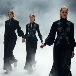 In a dreamlike scene titled 'The Ethereal Covenant', models wearing striking architectural black-and-white ensembles featuring sculptural pleats and elegant silver-threaded embroidery walk hand in hand