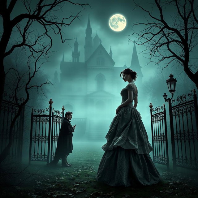 A dark and moody Victorian gothic setting with an elegant vampire standing in the shadows of a misty, moonlit garden