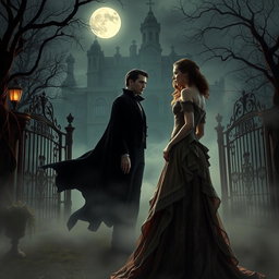 A dark and moody Victorian gothic setting with an elegant vampire standing in the shadows of a misty, moonlit garden