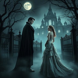 A dark and moody Victorian gothic setting with an elegant vampire standing in the shadows of a misty, moonlit garden