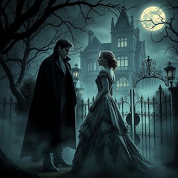 A dark and moody Victorian gothic setting with an elegant vampire standing in the shadows of a misty, moonlit garden