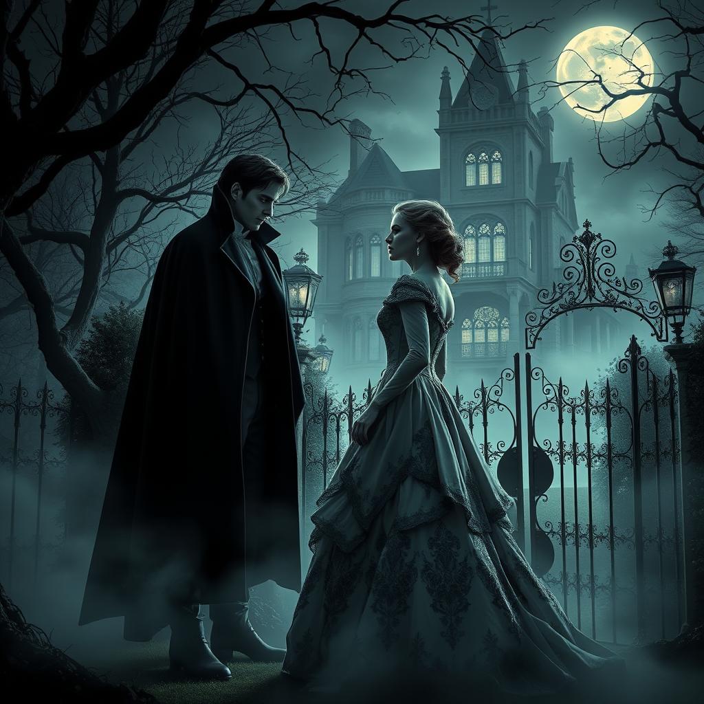 A dark and moody Victorian gothic setting with an elegant vampire standing in the shadows of a misty, moonlit garden