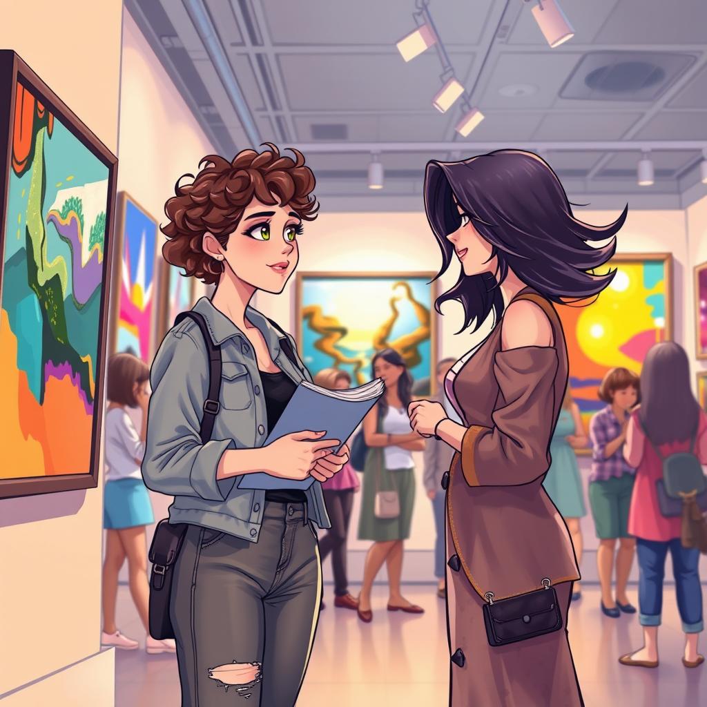 A beautifully illustrated Wattpad header capturing the moment when Amelia and Lila first meet at a vibrant local art exhibit