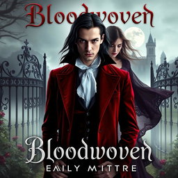 A captivating book cover design for 'Bloodwoven', featuring a Victorian gothic theme reminiscent of Emily McIntyre's Never After series
