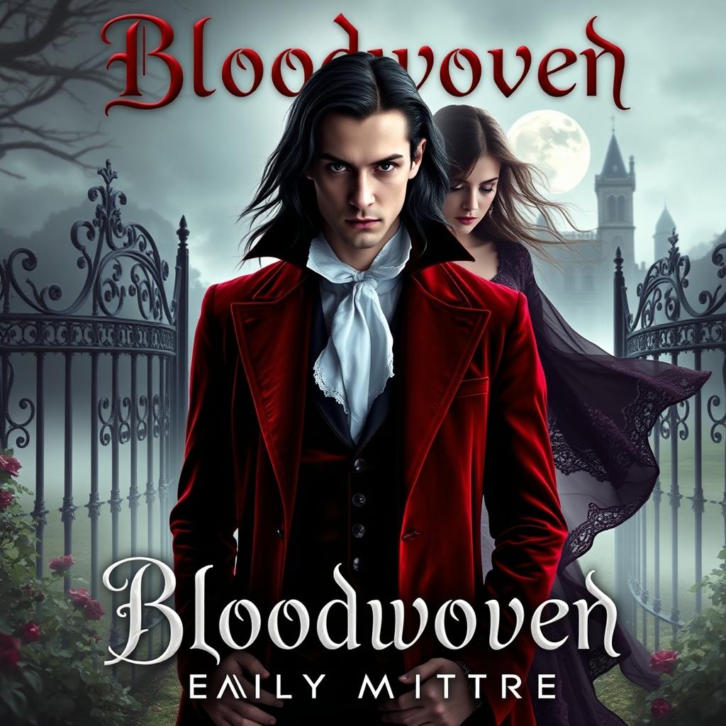 A captivating book cover design for 'Bloodwoven', featuring a Victorian gothic theme reminiscent of Emily McIntyre's Never After series
