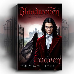 A captivating book cover design for 'Bloodwoven', featuring a Victorian gothic theme reminiscent of Emily McIntyre's Never After series