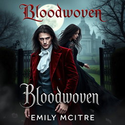 A captivating book cover design for 'Bloodwoven', featuring a Victorian gothic theme reminiscent of Emily McIntyre's Never After series