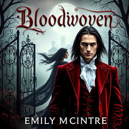 A captivating book cover design for 'Bloodwoven', featuring a Victorian gothic theme reminiscent of Emily McIntyre's Never After series