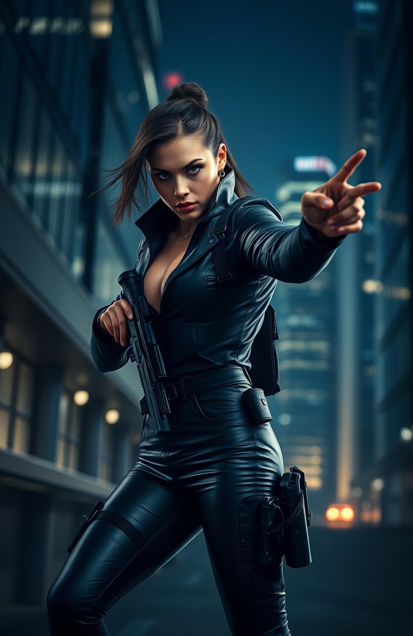 A bisexual covert operative in a modern urban setting, dressed in a sleek, tactical outfit with a subtle hint of sophistication reminiscent of high fashion