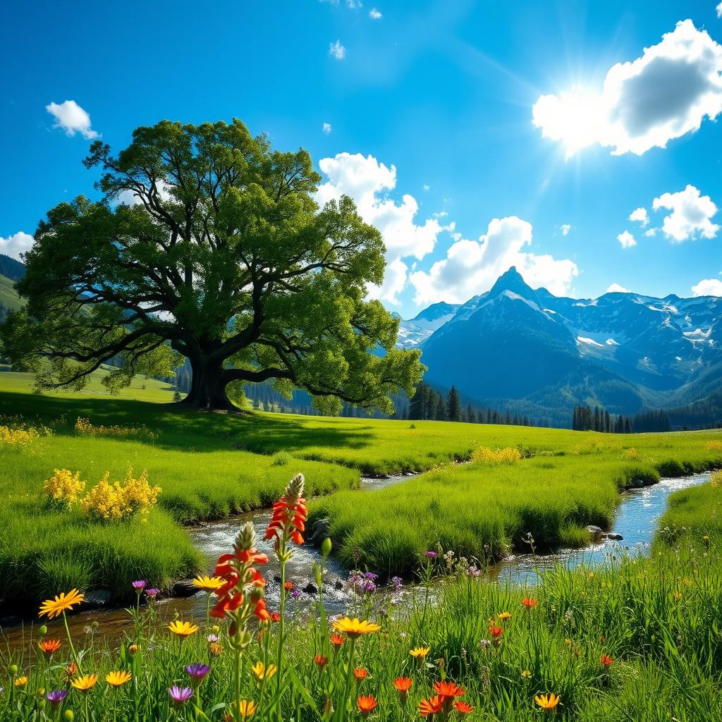 A serene landscape scene capturing the beauty of a lush, green meadow under a bright blue sky dotted with fluffy white clouds