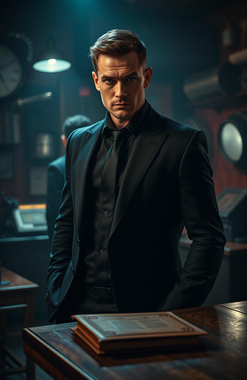 A bisexual male covert operative, dressed in a tailored black suit, exuding confidence and charisma, stands in a dimly lit room filled with espionage gadgets and high-tech equipment