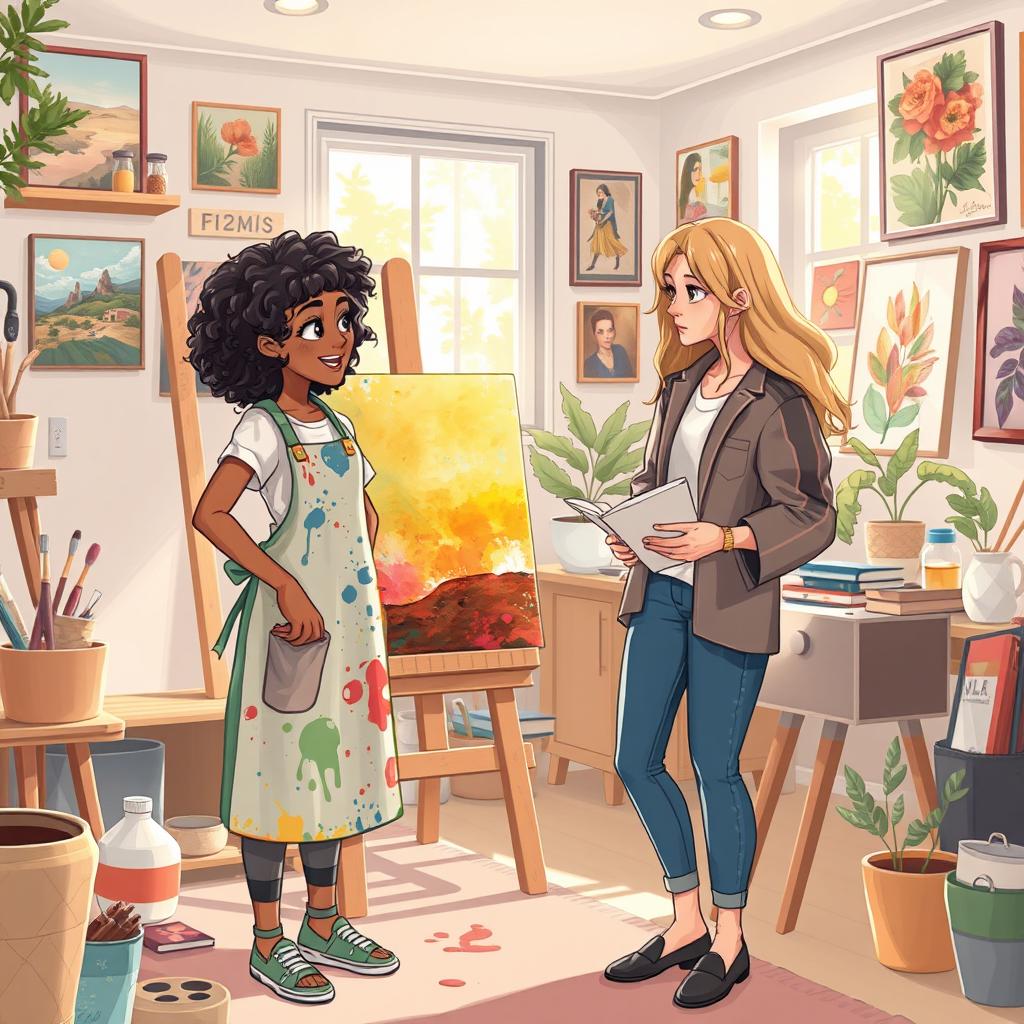 An inviting illustration capturing the cozy atmosphere of Amelia's art studio where she invites Lila to connect and bond over their shared passions