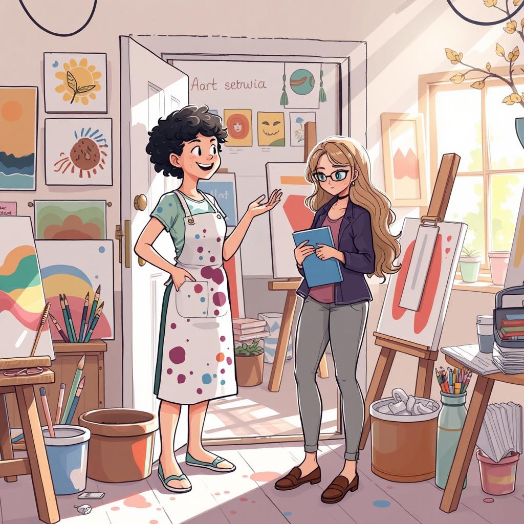A heartwarming illustration depicting the moment when Amelia invites Lila to her art studio, showcasing their bond over shared passions