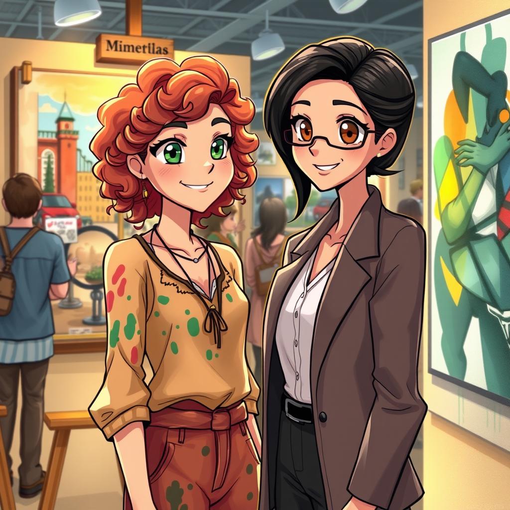 A captivating illustration capturing the moment when **Amelia** and **Lila** meet at a local art exhibit, highlighting their contrasting yet complementary personalities
