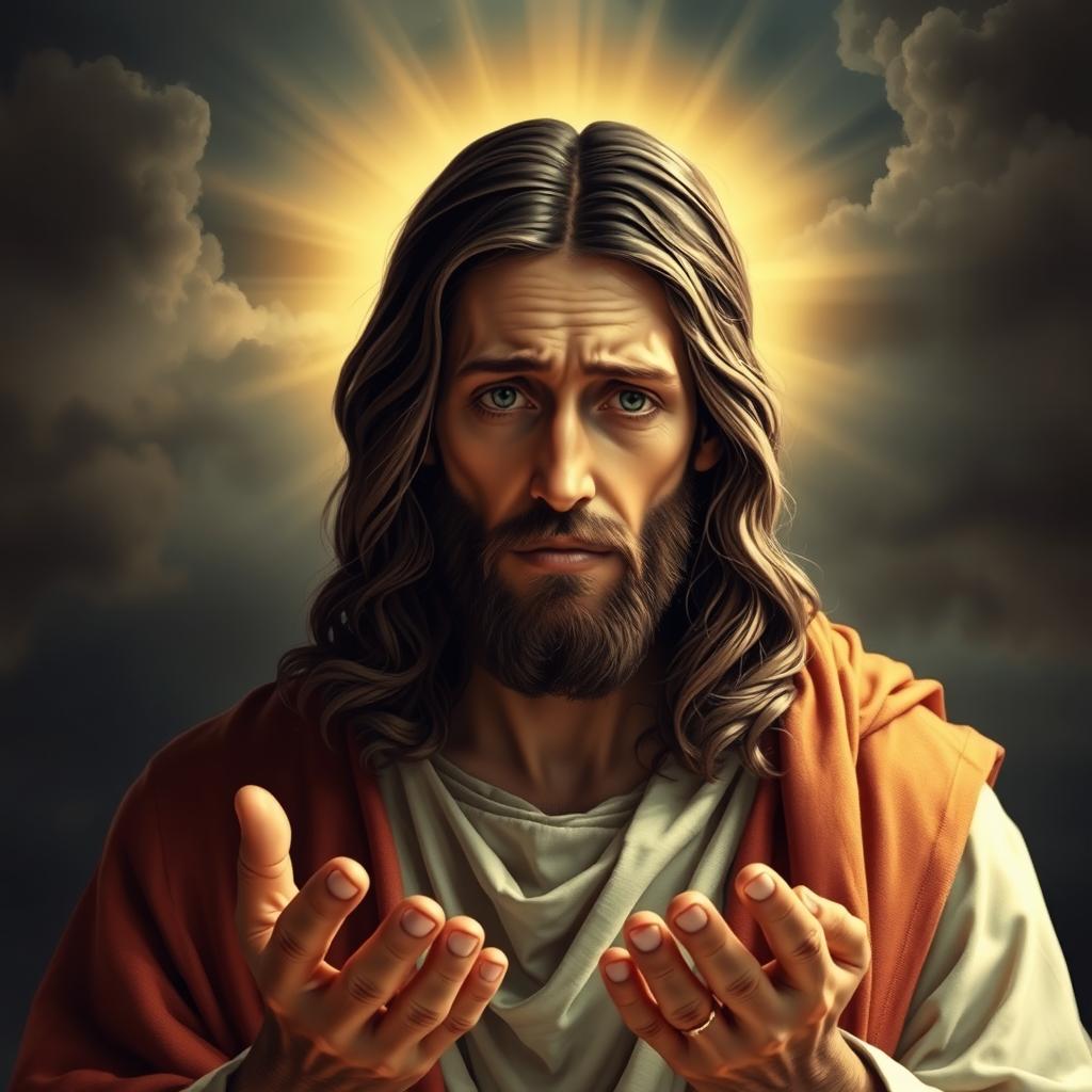 A solemn and reflective depiction of Jesus Christ, expressing deep sorrow and compassion