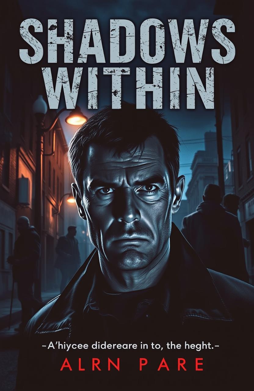 A hauntingly atmospheric book cover for 'Shadows Within', depicting a gritty urban landscape at night