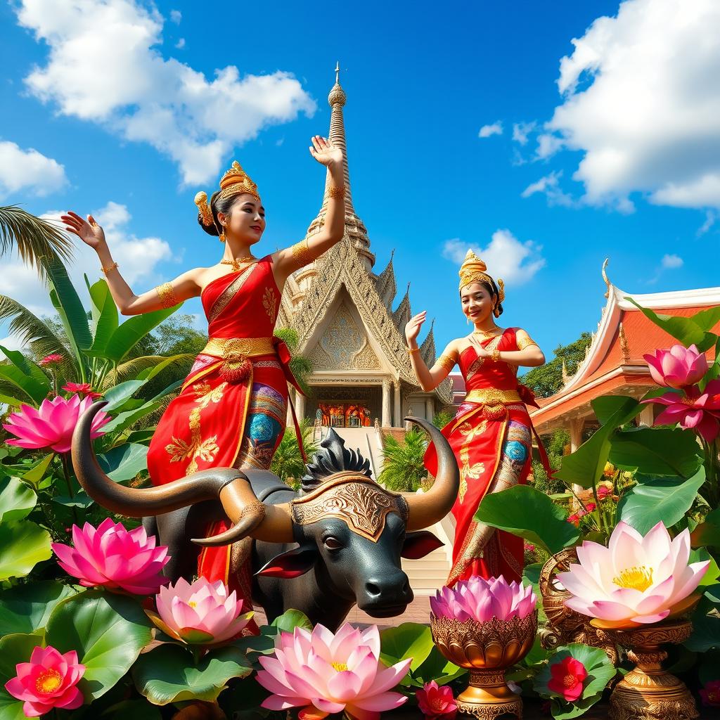 A vibrant and colorful depiction of Thai culture, showcasing traditional Thai dancers in ornate costumes, performing amidst a backdrop of a historical temple