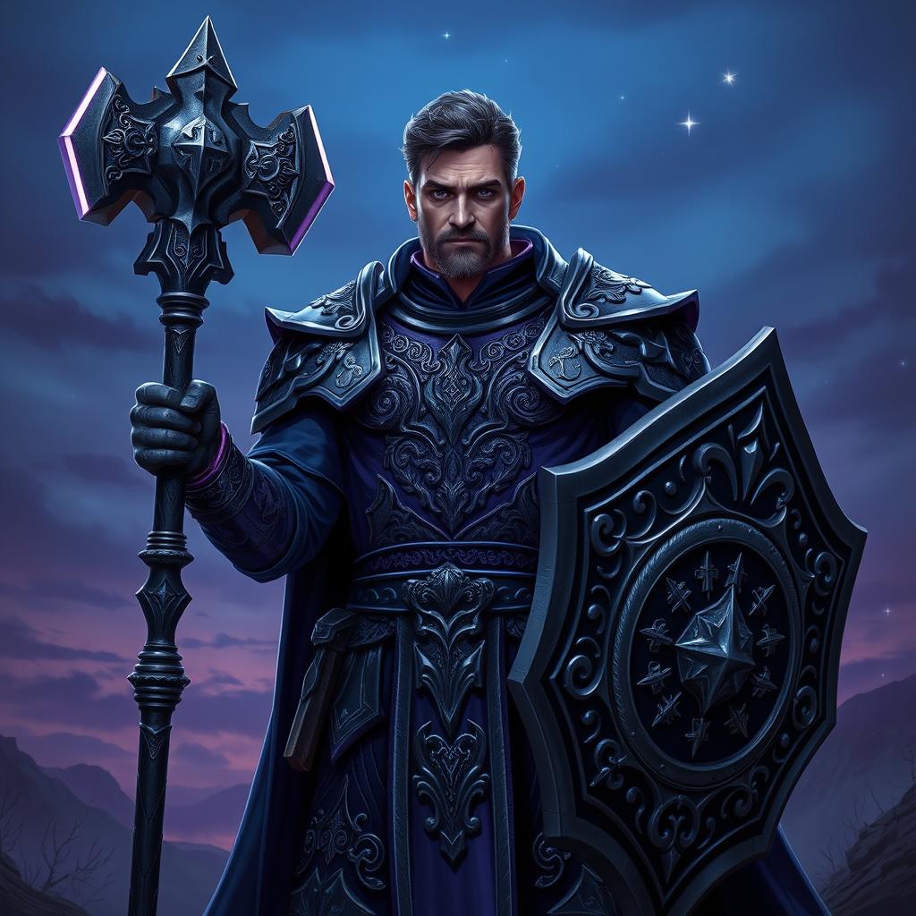 A striking image of a human male cleric, embodying the twilight domain, standing confidently with a war hammer in one hand and a shield in the other