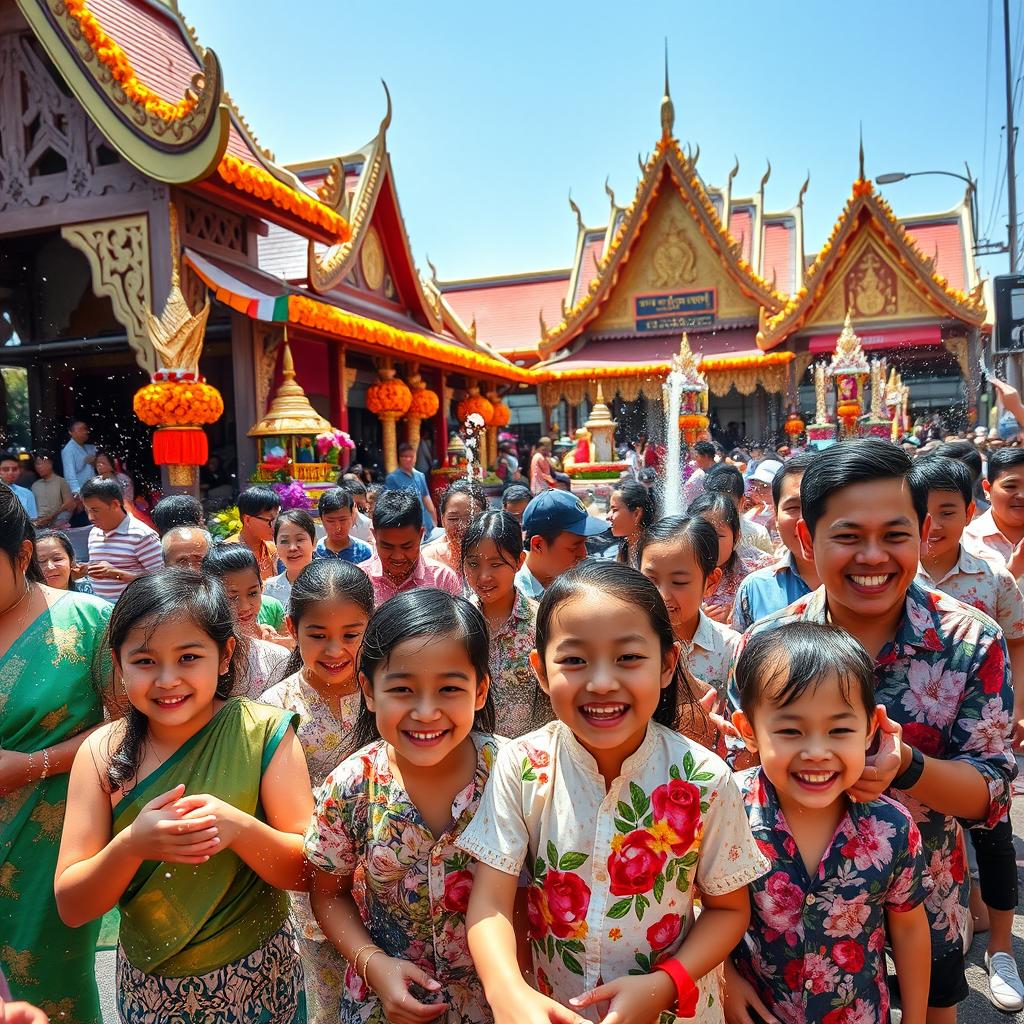 A vibrant scene depicting the traditional Thai Songkran festival, showcasing people joyfully splashing water, colorful floats, and ornate floral decorations