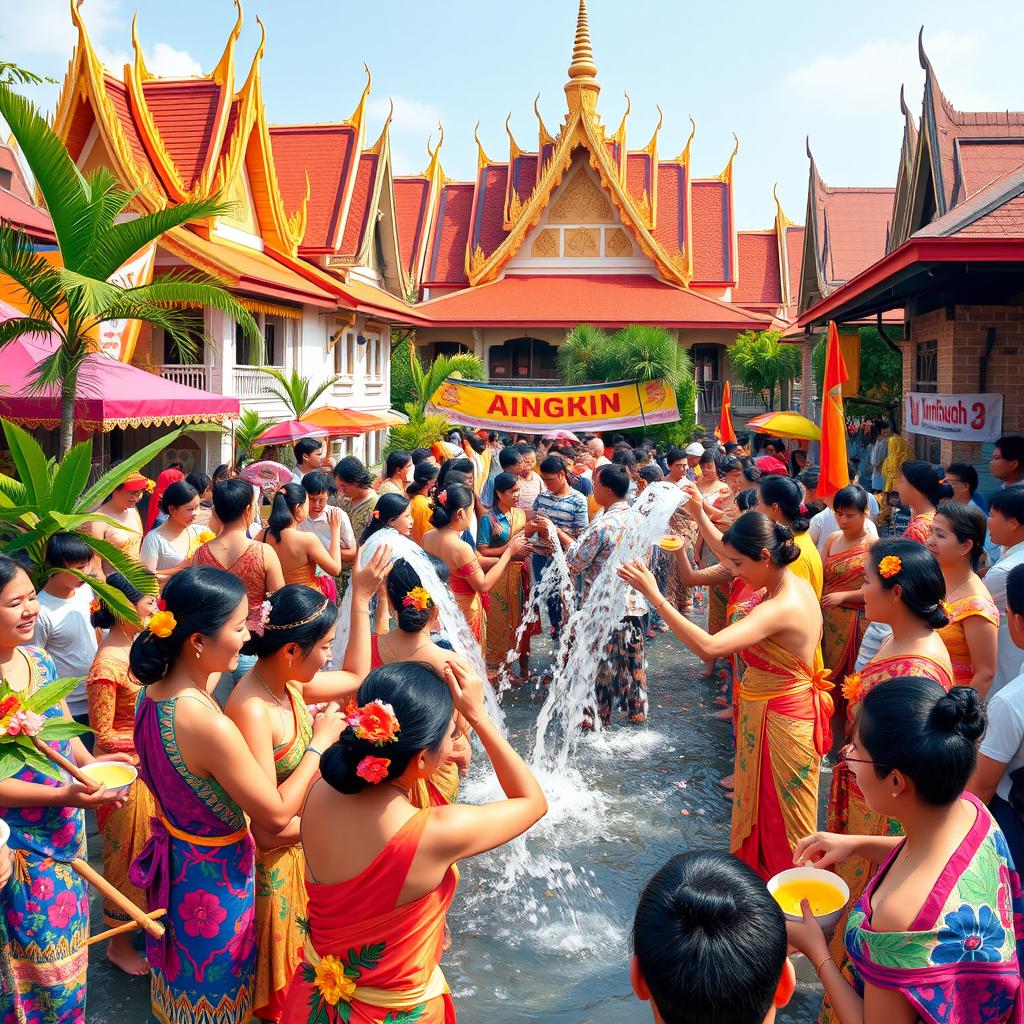 A vibrant and colorful depiction of the traditional Thai New Year festival, Songkran