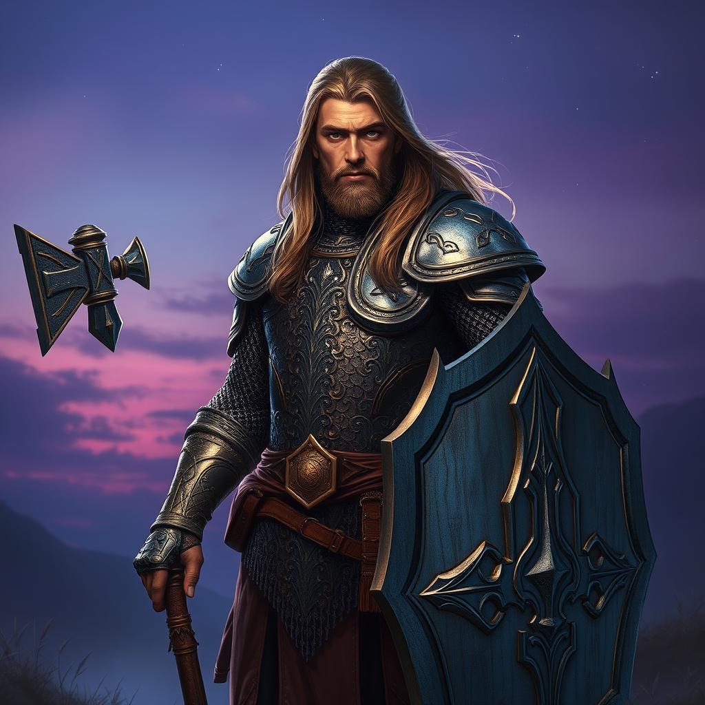 A human male cleric emanating an aura of twilight, standing confidently with a sturdy war hammer held in one hand and a shield in the other
