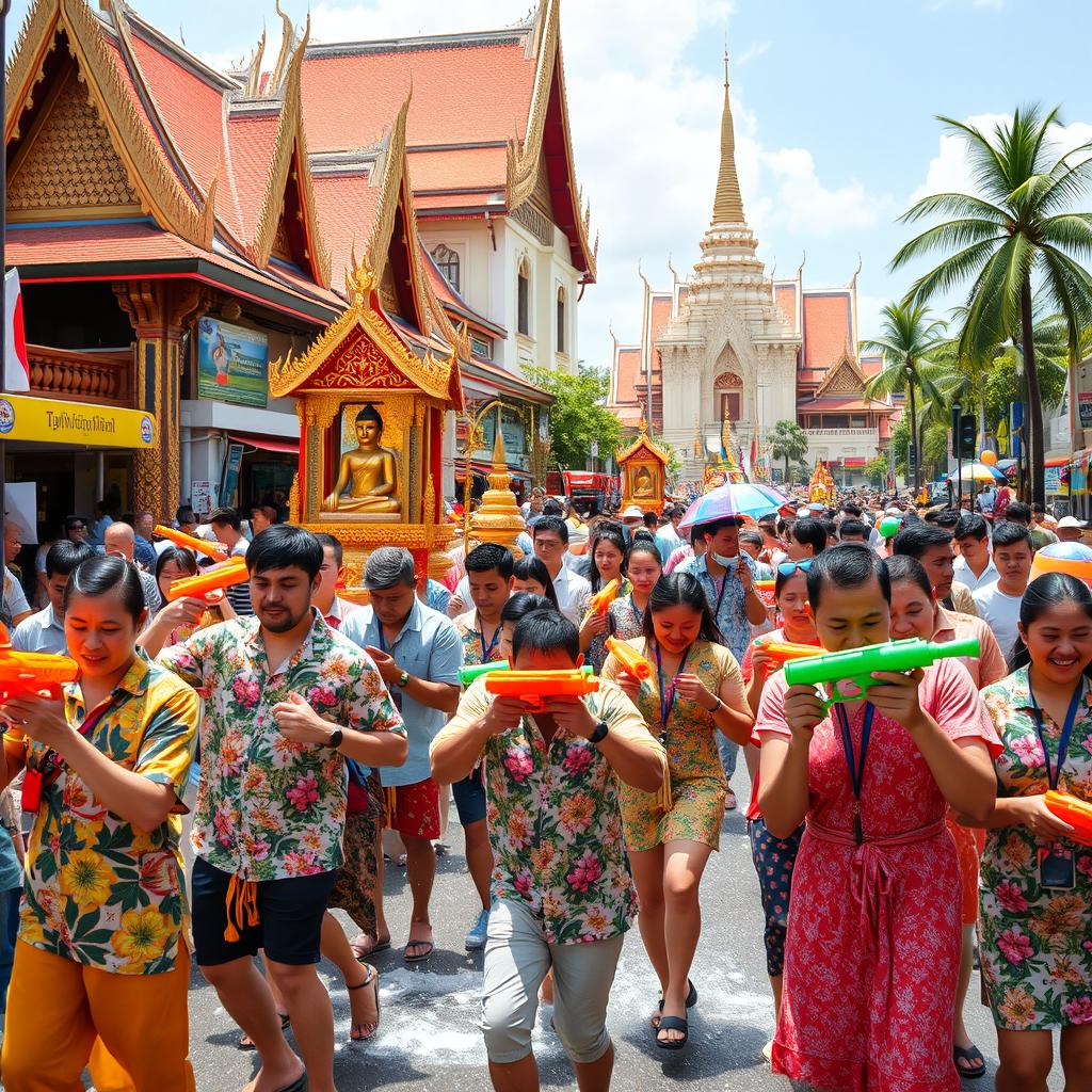 A vibrant and colorful scene depicting the Thai New Year festival, Songkran